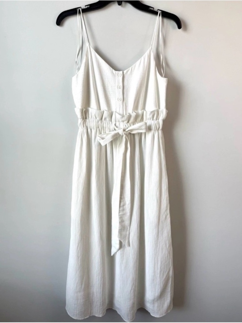 White Spaghetti Strap Tie-Waist Midi Dress